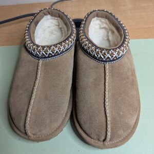 UGG Tan Suede Slippers with Braided Trim